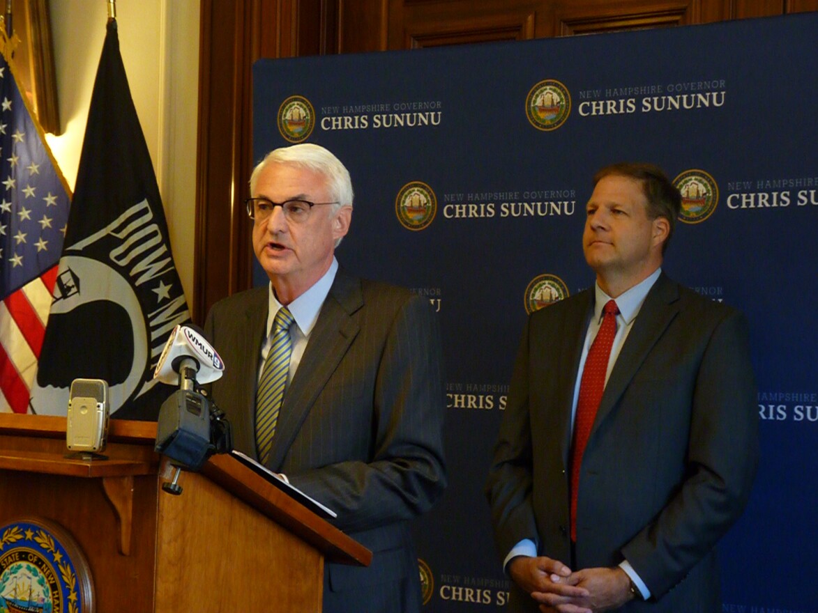 DHHS Commissioner Jeff Meyers, left, joined Governor Chris Sununu during a press conference on Monday.